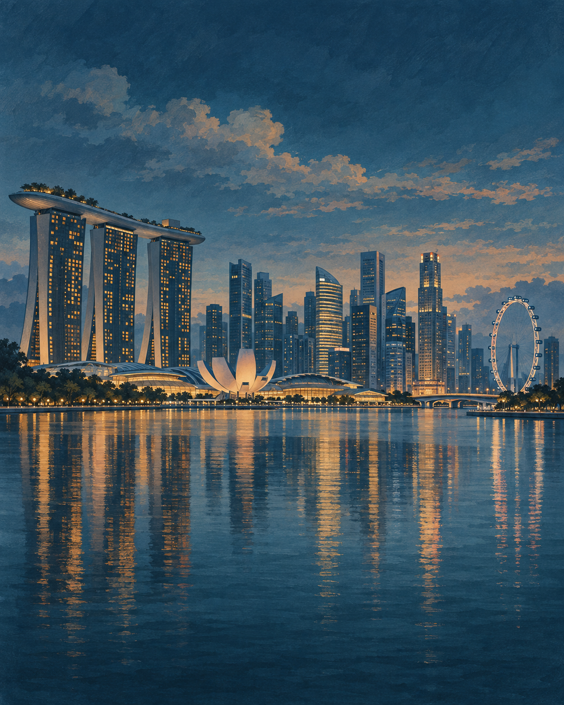 Illustrated Singapore skyline across Marina Bay at dusk